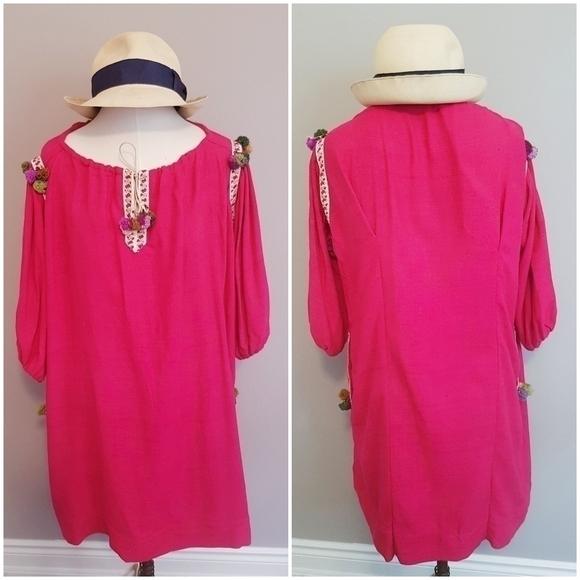 Handmade Pink Silk Ethnic Boho Pom Pom Tunic Dress - M - Picture 7 of 9